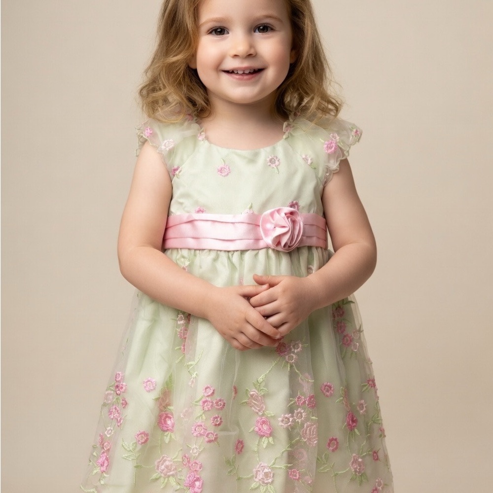 2T Floral Embroidered Kids Dress in Green and Pink Easter spring (C5526)